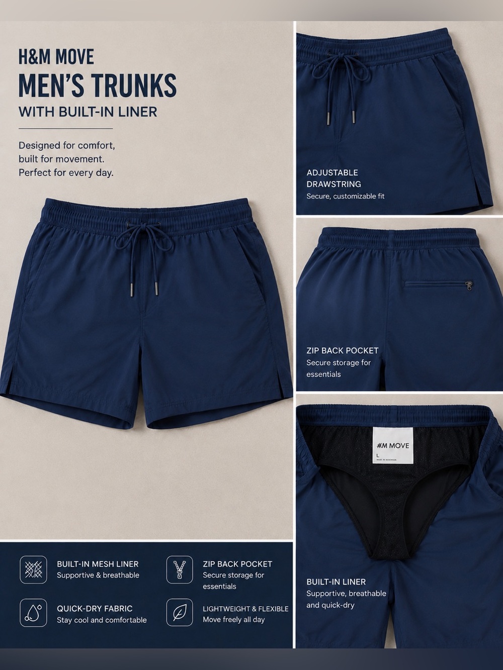 H&M Men's Navy Swim Trunks with Built-In Liner